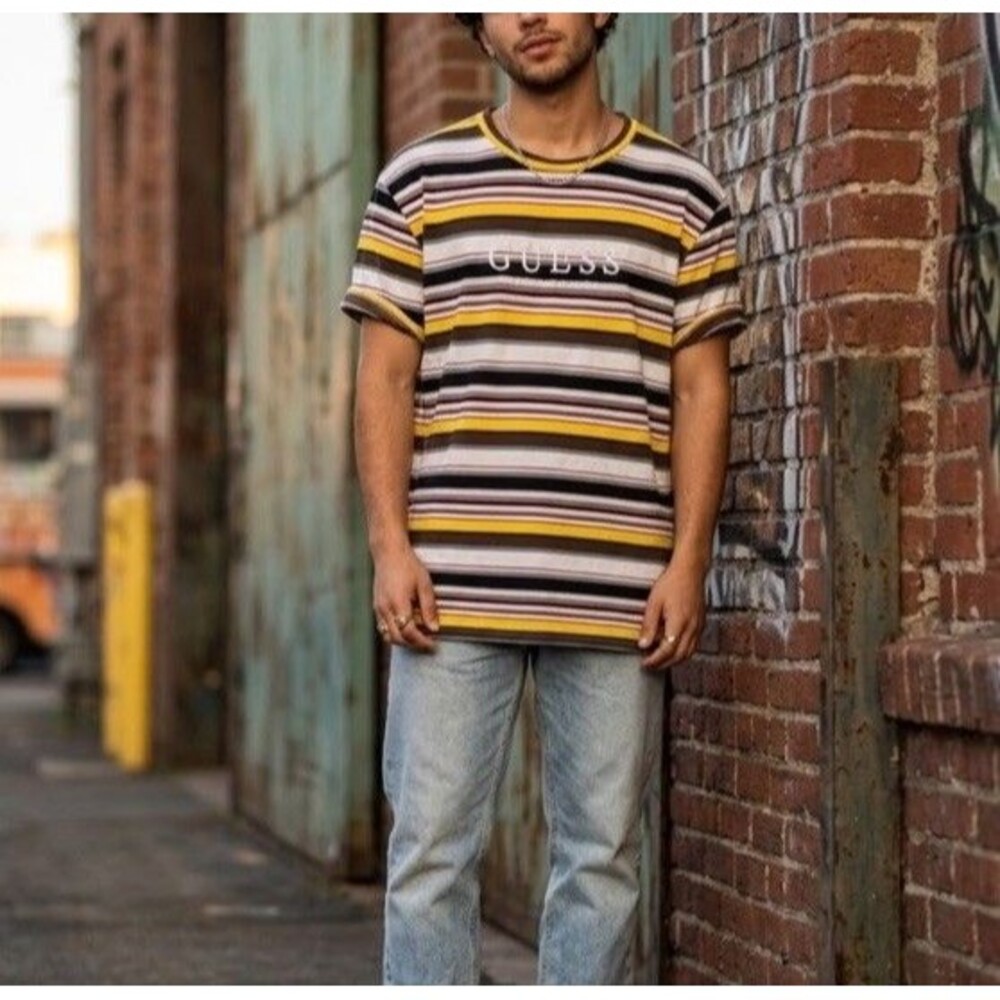 GUESS Originals Men Sz L Striped T Shirt Embroidered Y2K 90s Retro Skate Street